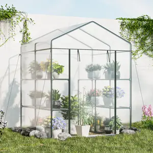 COSTWAY Greenhouse, Portable Walk in Outdoor Hot House Tent with Heavy-Duty Metal Frame & All-Weather PE Cover, Roll-up Zippered Door & Mesh Windows, Outside Flower Plant Shelter