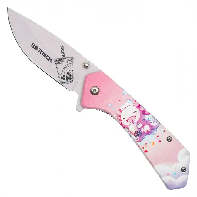Axolotl Pocket Knife – Boba Tea Artwork – Kawaii Collectible – Bubble Tea Lover Gift – Cute Dessert Theme – Assisted Opening Folder – Anime Style