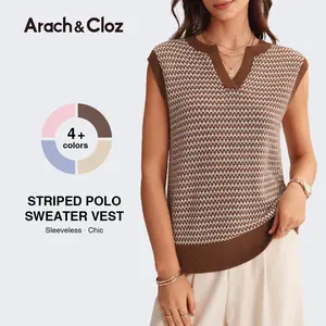 Arach&Cloz Women's Striped Polo V Neck Casual Sweater Vest 2026