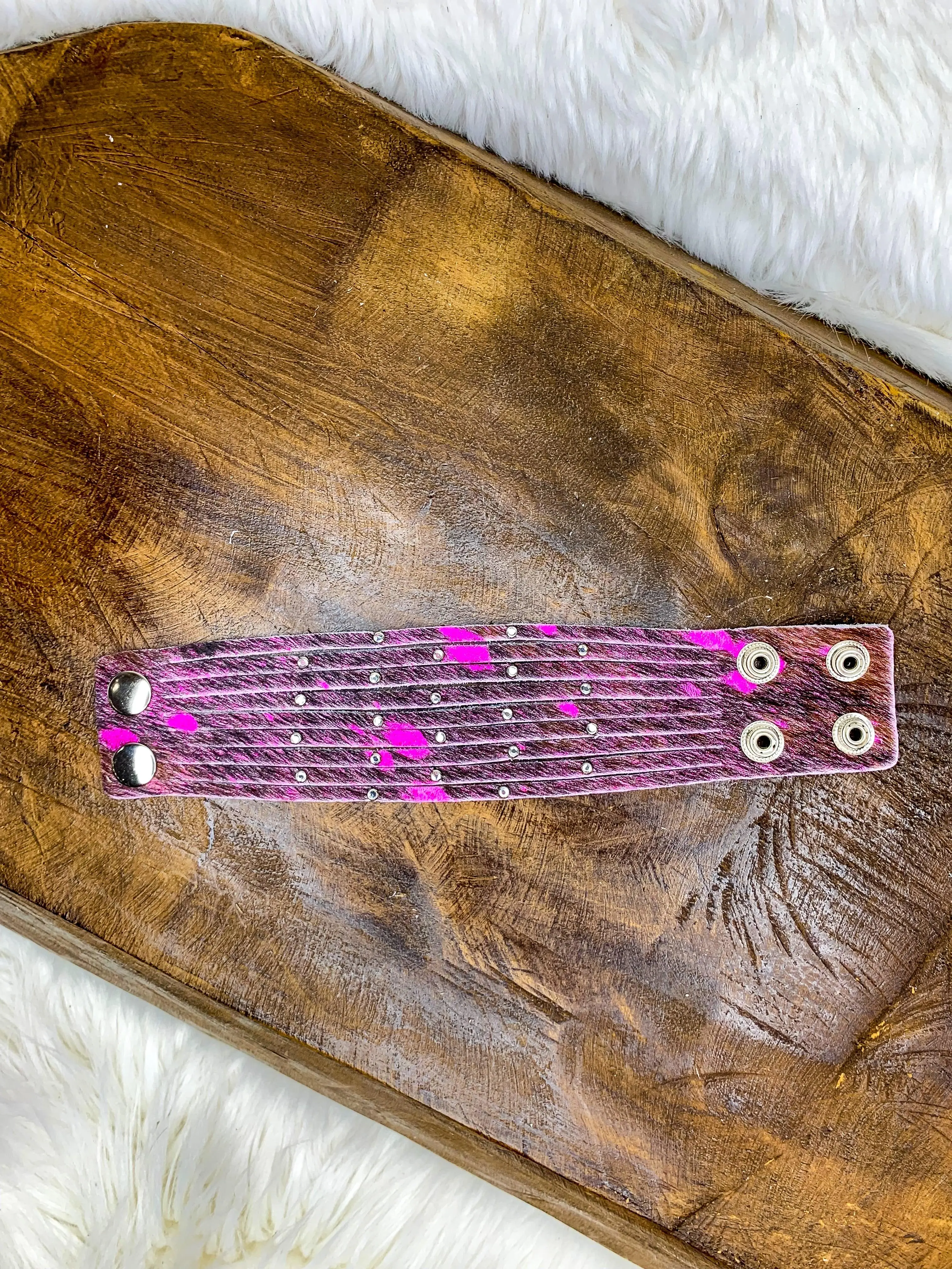 Nicki Crystal Studded Metallic Cowhide Cuff - Pink Mix