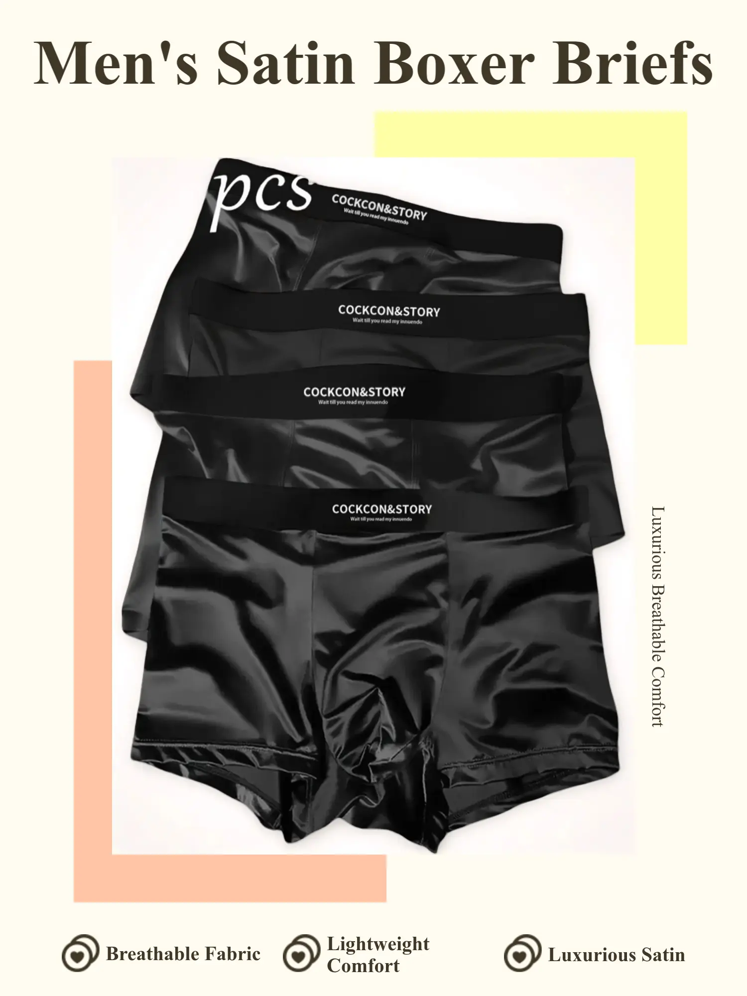 Men's Satin Underwear Set, Elastic Boxer Briefs, Breathable & Lightweight Design, Casual Comfortable Fitted Fit, Plain Pattern, Ideal for Home & Travel Use