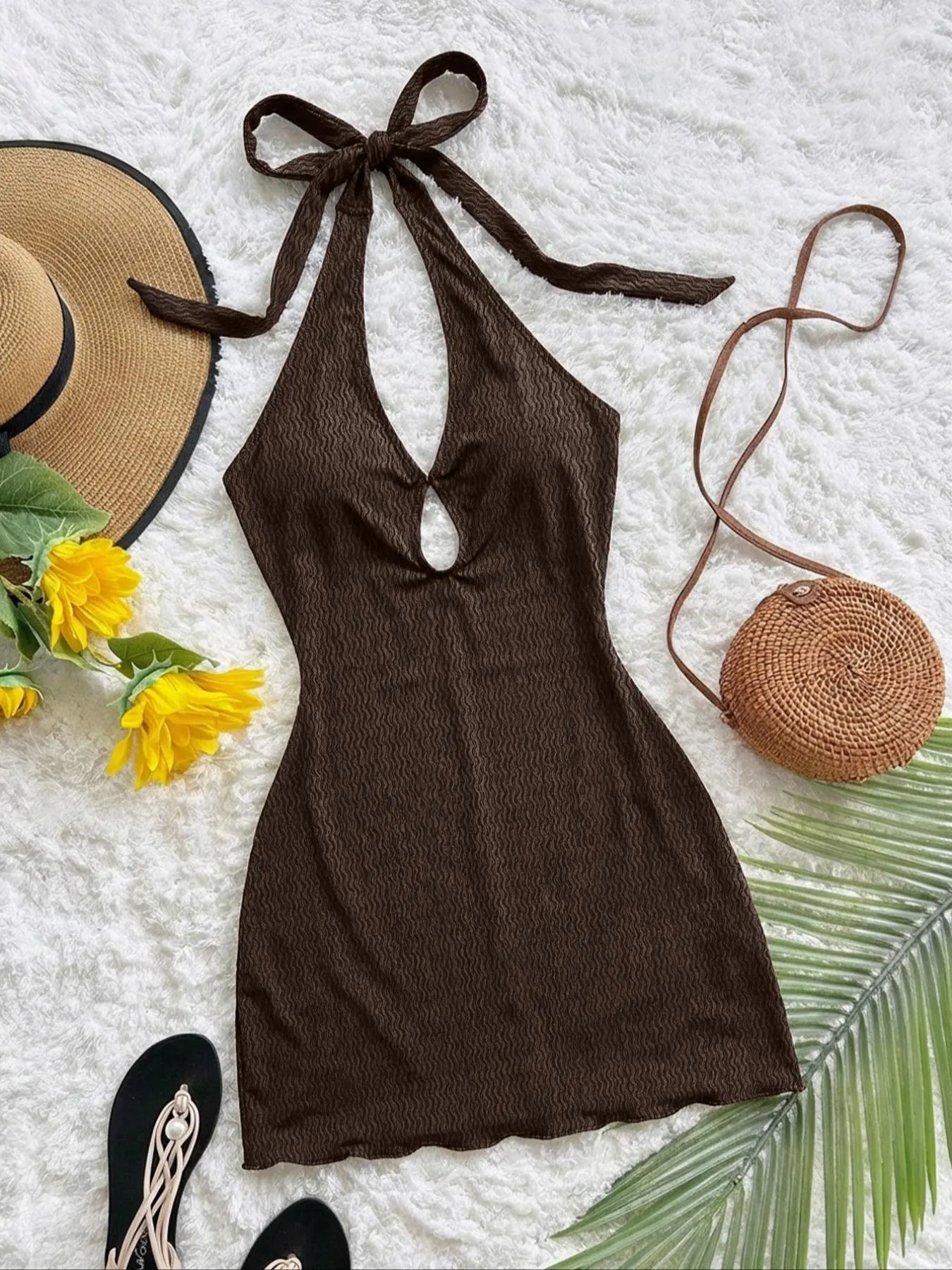 Elegant Bohemian Backless Knit Fitted Mini Dress, Women's Sleeveless Beach Outdoor Summer Wedding Guest Gown, Casual Western Style Tropical, Casual Wear, Strap Dress