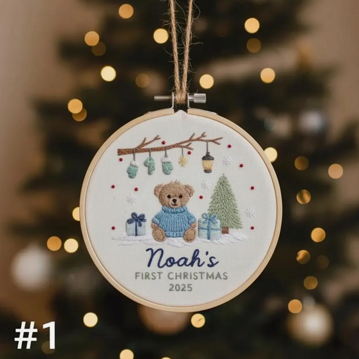 Personalized Baby's First Christmas Bear Hand Embroidered Ornament, Handmade Holiday Decor, Unique Gift for New Baby, Custom Christmas Gift MH3