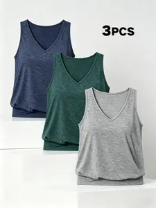 Summer Essential Three-Piece Set, V-Neck Sleeveless Tank Tops, Loose Fit Slimming Top, Casual Everyday Wear, Soft and Breathable, Womenswear Basic