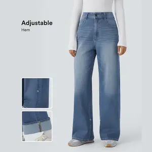 Halara Flex High Waisted Multiple Pockets Adjustable Hem Wide Leg Washed Stretchy Knit Casual Jeans