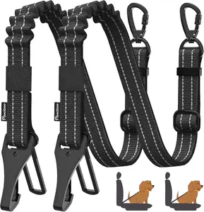 Pawaboo 2Pack Dog Seatbelt for Car, 3-in-1 Dog Car Seat Belt Bungee, Shockproof Dog Tether for Car with Buckle & Hook Latch, Adjustable Reflective Dog Car Harness Leash with 360° Lockable Buckle