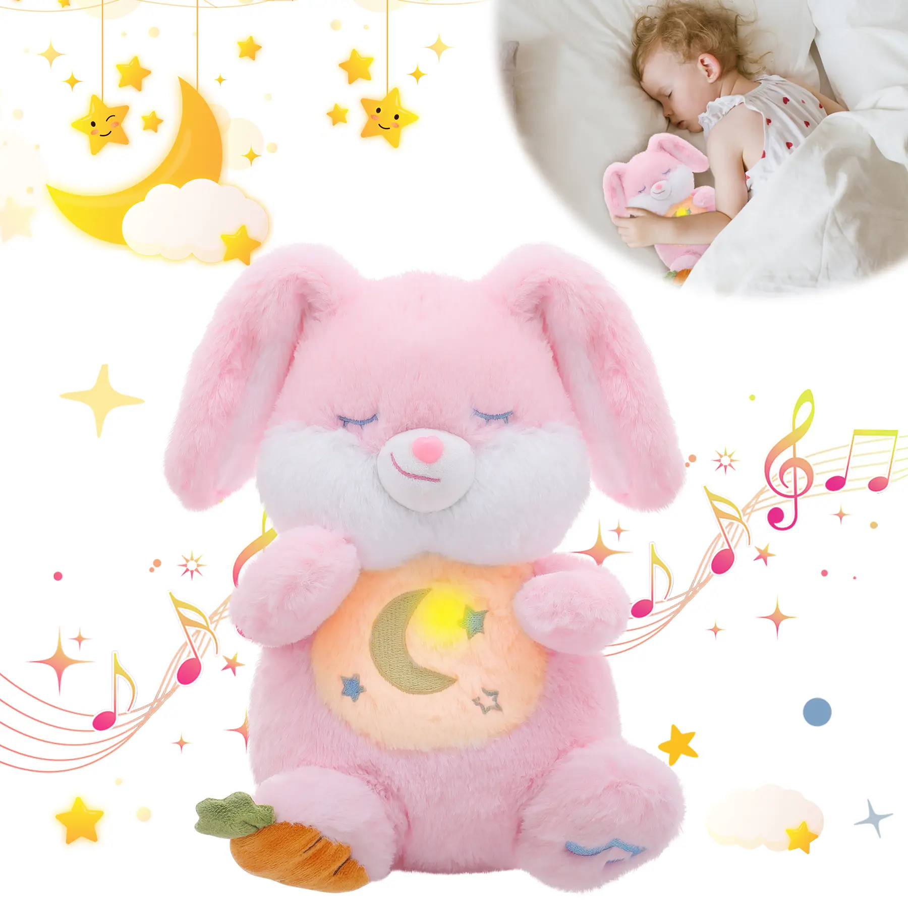 MIAODAM Easter Breathing Bunny Sleep Buddy, Anxiety Relief Stuffed Animal with Realistic Breathing Motion, Lights & Music, Soft Stuffed Toy for Sleep Support, Easter Gift, Soft Stuffed Animals DealsForYouDays