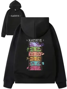 Unisex Loose-Fit Hooded Sweater, Thick Long Sleeve Pullover, Eye Print & Letter Design, Casual Winter Wear