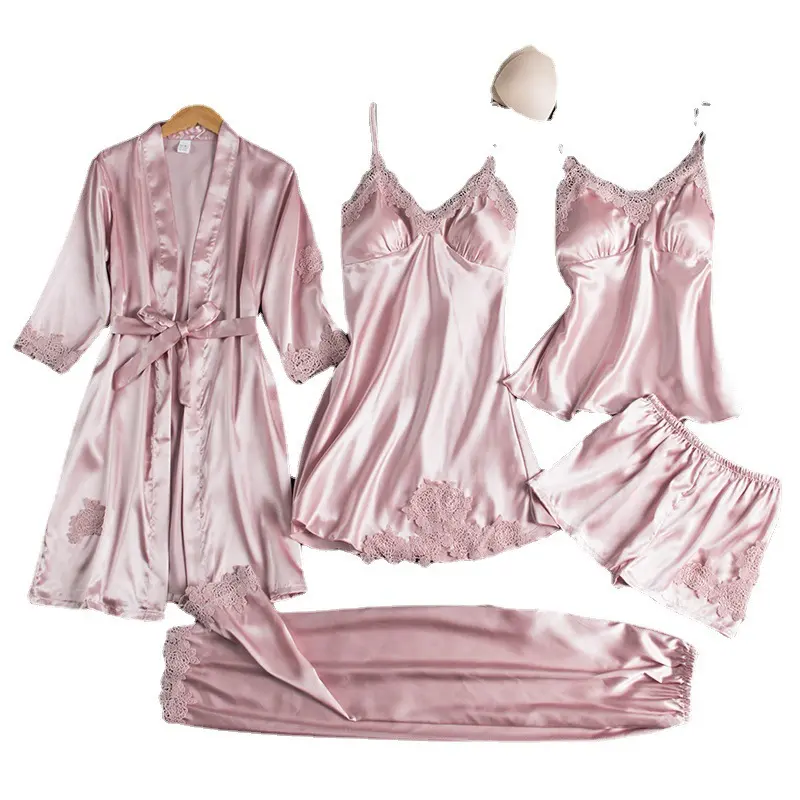 Women's Summer Ice Silk 5-Piece Pajama Set - Long Sleeve, Thin, Plus Size, Minimalist Champagne Breathable Satin Silk-Finish Mixed Pj Sets for Women, Sexy Homewear Loungewear Nightwear