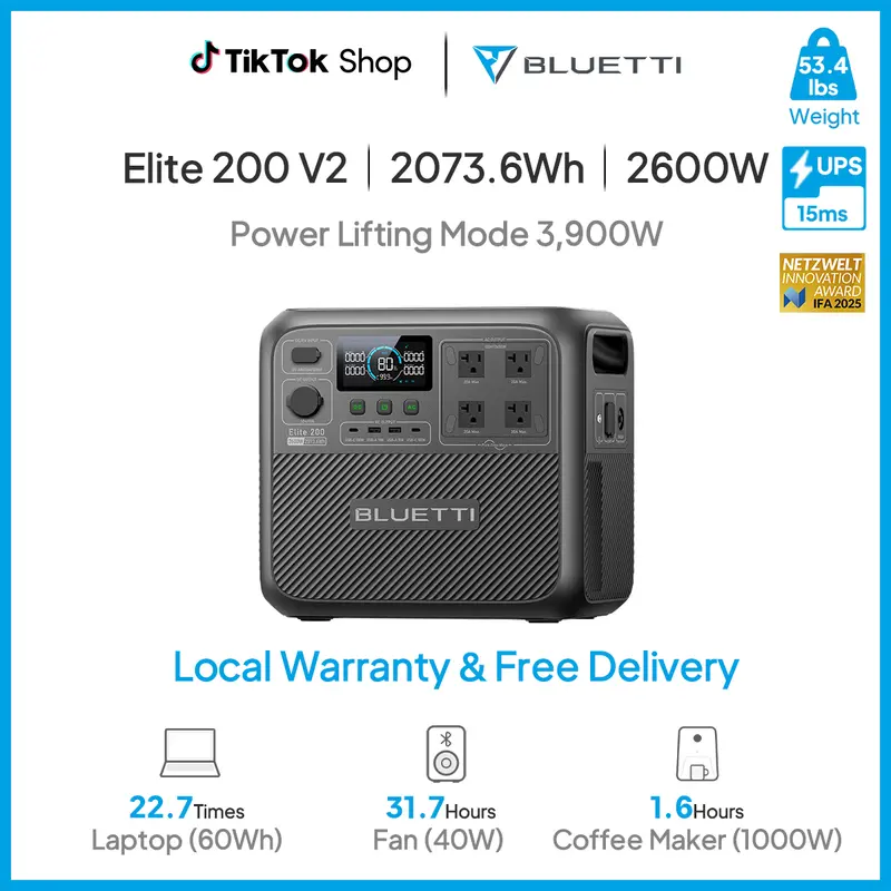 BLUETTI Elite 200 V2 Portable Power Station, 2073.6Wh LiFePO4 Battery, 4 AC Outlets (2600W/3900W Surge), Solar Generator for Camping, Off-Grid, Power Outages