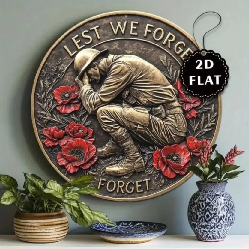 Australian Soldier Memorial Plaque with Red Poppy Gold Aluminum Wall Art for Veterans Day Remembrance Home Decor Honor Gift