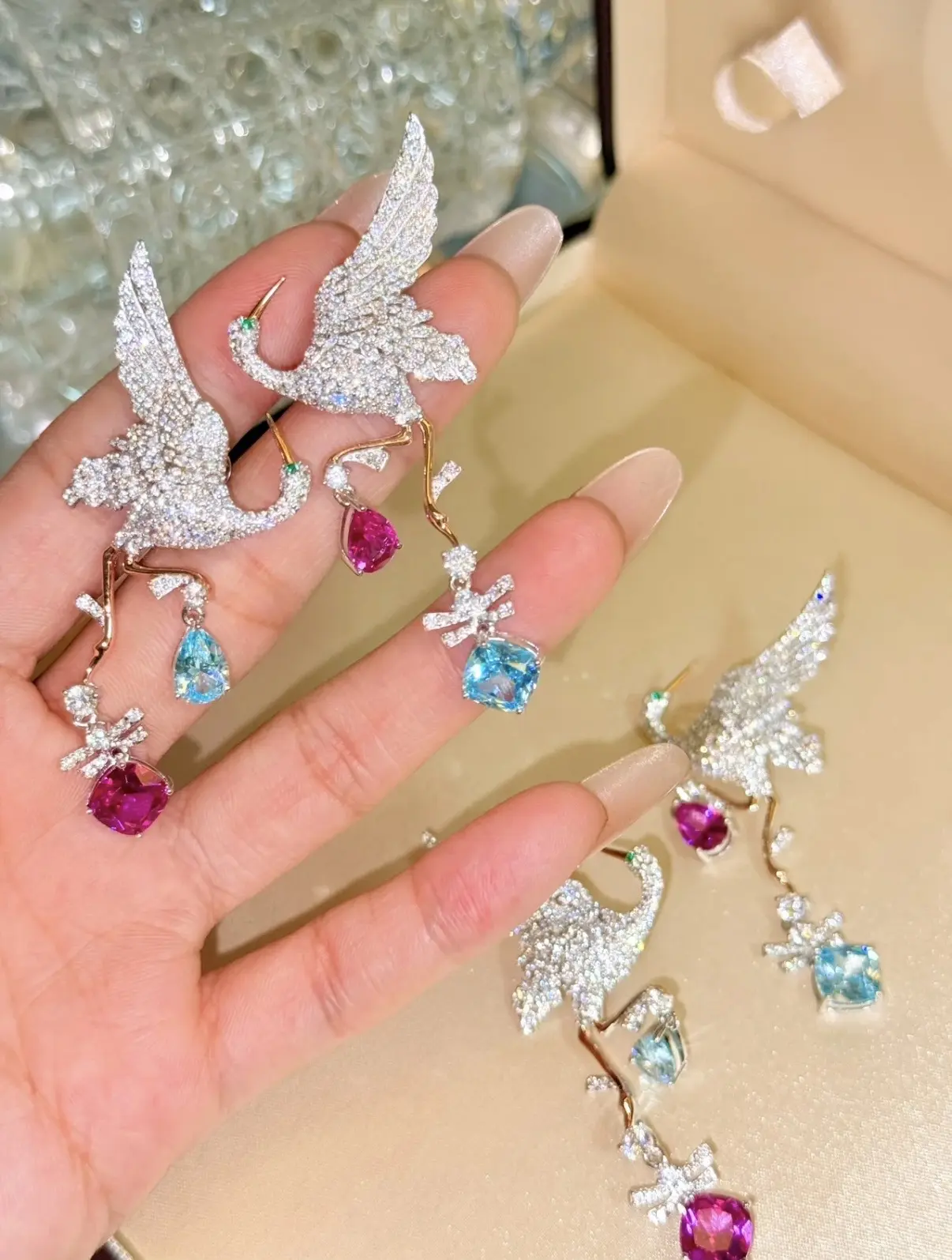 White and yellow Gold Plated Sterling Silver Sapphire Crane Earrings Sold As Pair