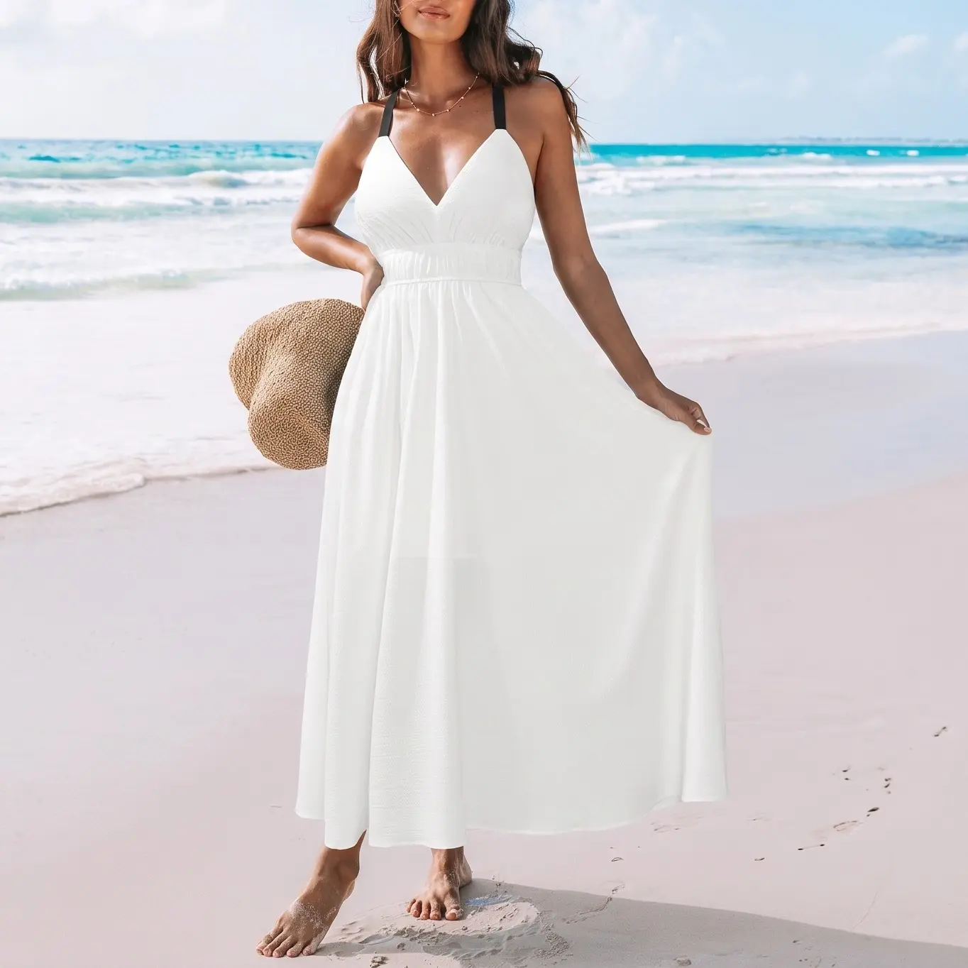 CUPSHE Women's White Maxi Dress - Sleeveless V Neck Flowy Long Dress, Adjustable Spaghetti Strap Beach Dress with Waist Detail, Elegant Summer Vacation Dress for Women, Resort Wear and Holiday Outfits