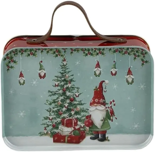 Light Blue Embossed Metal Christmas Tin Suitcase Decor, Gift Organiser with Compartment, Kitchen Preserving Storage Container