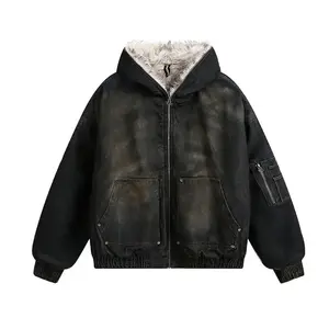 Men's American street washed denim padded cotton jacket, winter fleece - lined outerwear, men's wasteland - style cotton coat Patchwork Hooded  men leatherjacket couple sweatshirt