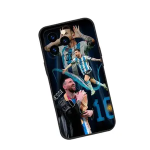 Messi, the King of Football, in liquid crystal phone case design, compatible with iPhone 17, 16, 15, 14, 13, and 12. Black silicone soft case.
