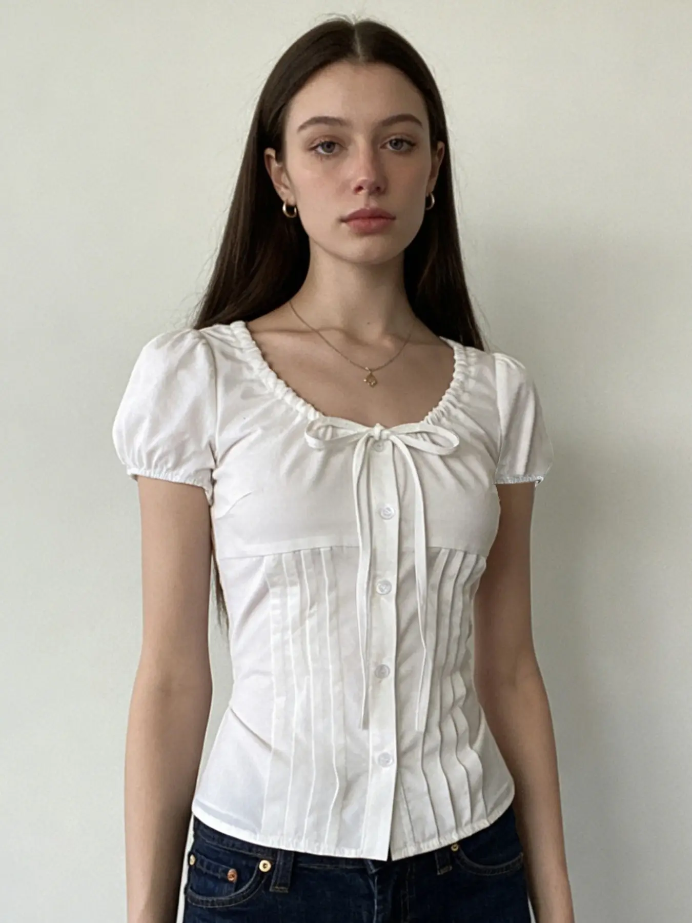 Women's Plain Waist Cinched Pleated Button Short Sleeve Shirt Blouse, Button Up Blouses, Simple Style Casual Fashion Fitted Summer T-Shirt, Ladies Fashion Top, Casual Daily Tops