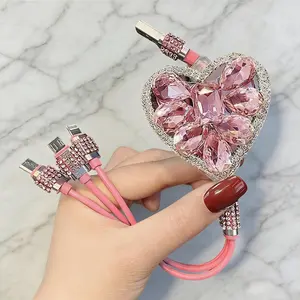 Mothers Day Gift for Bling Car Charger: 3-in-1 Pink Rhinestone Cable for iPhone/Android/Type-C | Cute Heart-Shaped Organizer for Her Multifunctional Charging Station Electronic