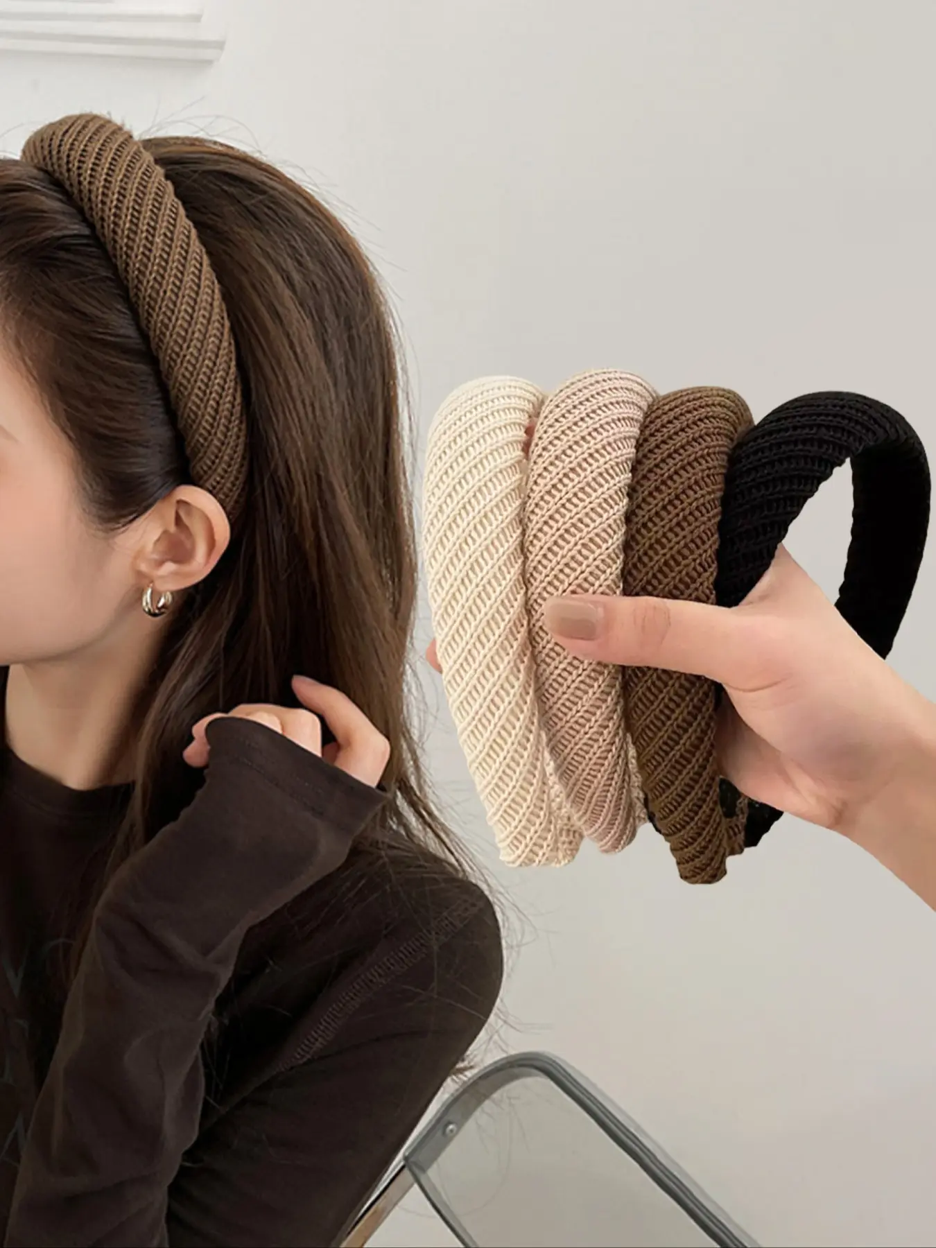 4pcs Autumn Winter Vintage Melange Knitted Sponge Headbands, High Crown Design for Daily Use, Makeup, and Outdoor Activities, Headband Set, Soft Headband
