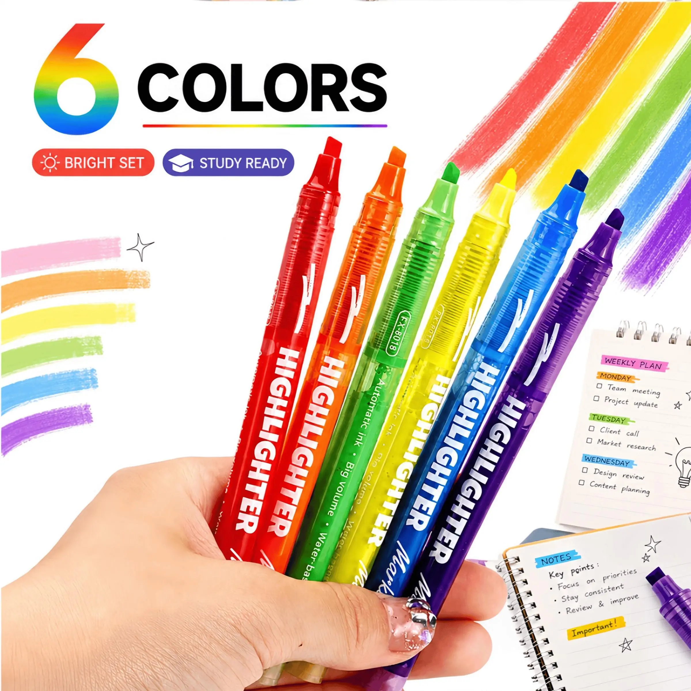 6-Color Liquid Fluorescent Pen Set, Student Highlighter Pens, Colorful Markers for Notebooks, Essential Study Supplies