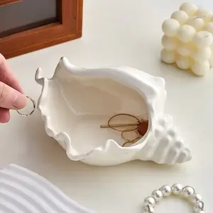 Ceramic Conch Shell Jewelry Tray, Beach Theme Decor Art Ring Stand & Key Bowl, Polished Home Decoration Storage Box, Holiday Gift