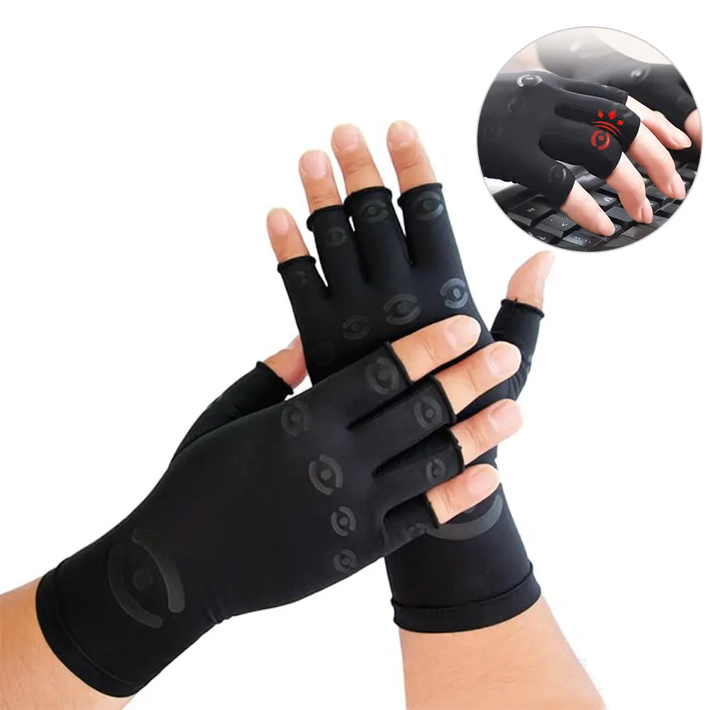 Copper Fabric Compression Gloves for Men & Women, Fingerless Hand Support for Arthritis, Carpal Tunnel, and Tendonitis Pain Relief, S/M/L