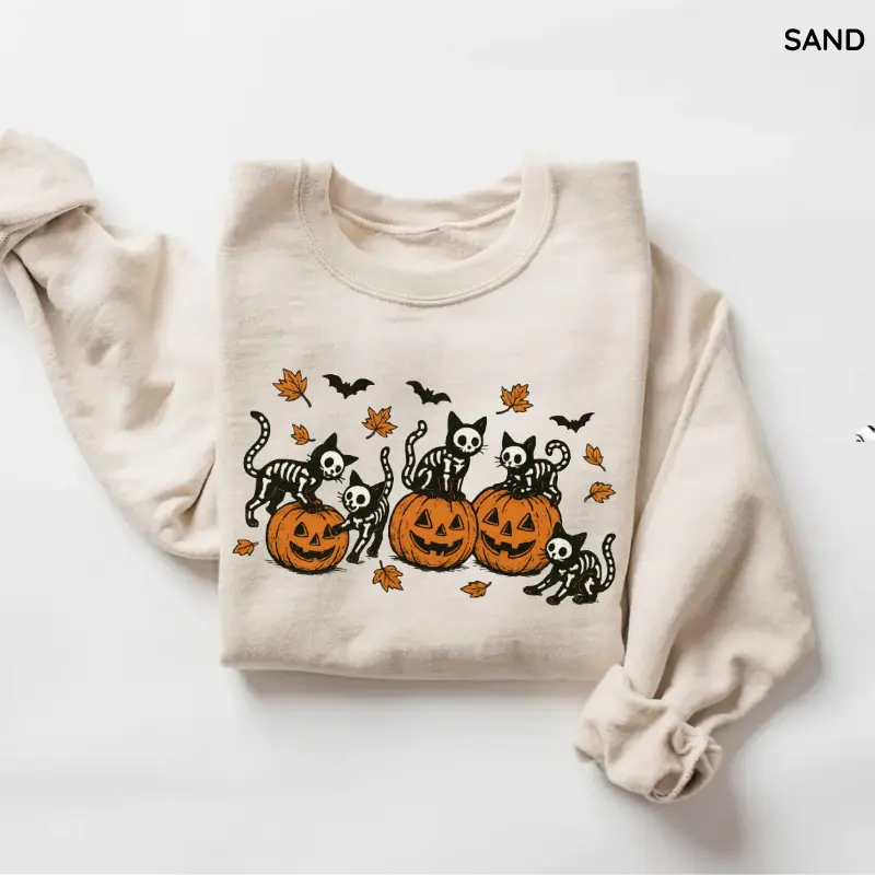 Black Cat Pumpkin Sweatshirt, Halloween Spooky Season Vintage Autumn Sweatshirt, Retro Skeleton Cat Pullover, Cozy Fall Graphic Sweatshirt for Cat Lovers