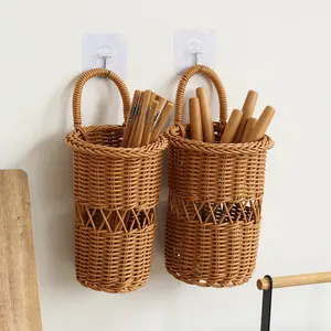 Luxury Natural Style Thick Kitchen Bathroom Restaurant Woven Hanging Basket, Decorative Flower Basket, Utensil Holder, Spoon Fork Rack