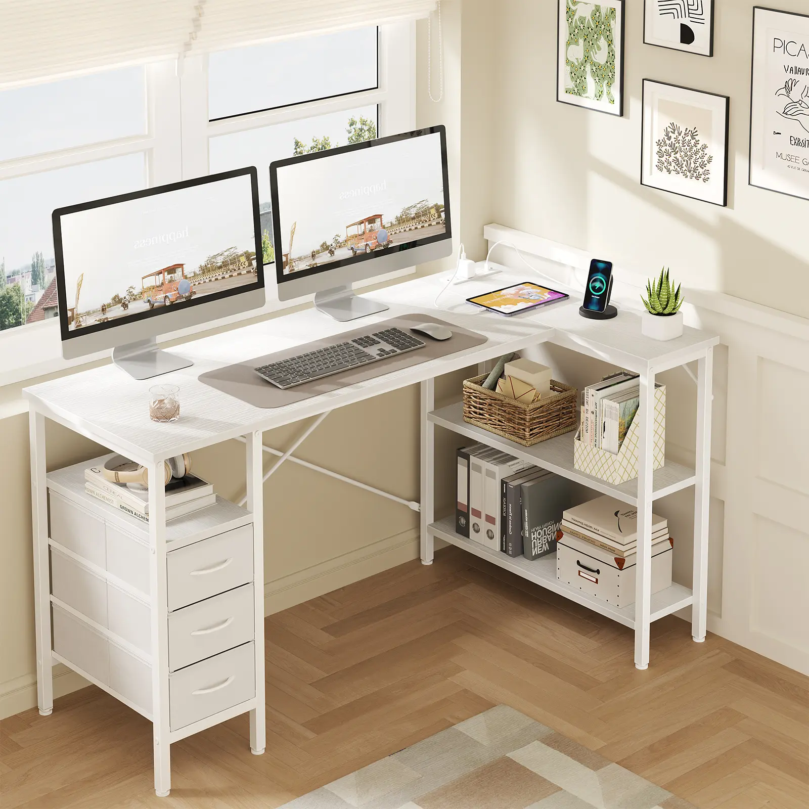 Modern L-Shape Gaming Desk - Brown Reversible Composite Wood Office Workstation with Storage Drawer Platform, Adjustable Shelves, Built-In Power Outlets, Home Office Study Table for Bedroom Use, Gaming Desks, L-Shape Desks