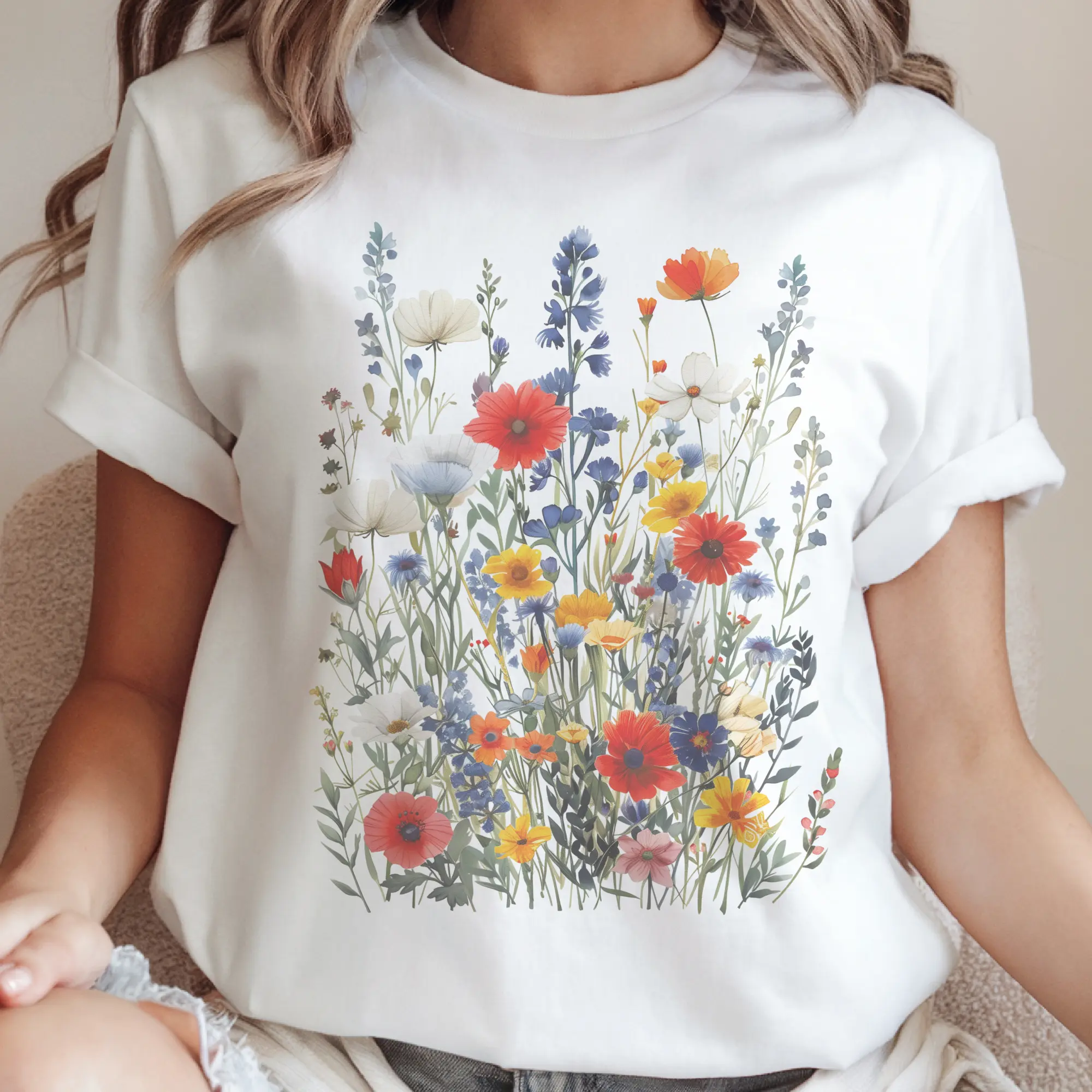 Vintage BOHO Tees Retro Floral Wildflower Tshirt Poppies Daisies Roses Top Grow Freely T-Shirt Spring Flower Womenswear Crewneck