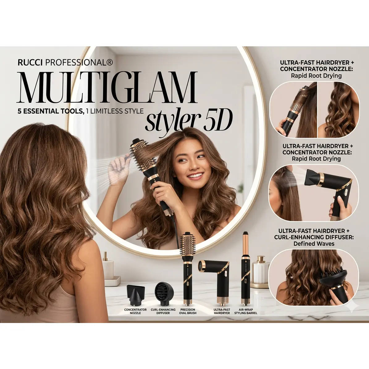 MULTIGLAM Styler 5D | 5-in-1 Hair Dryer & Styler Set with Air Wrap Barrels, Diffuser, Precision Brush & Concentrator Nozzle Smooth