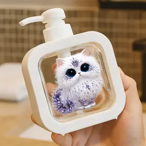 Creative Bathroom Dispenser with Hand Pump - Magical Jeweled Kitten Design, Sparkling Purple & Clear Crystals, White Fluffy Kitten, Blue Eyes, Whimsical Ornate Art, For Soap, Lotion