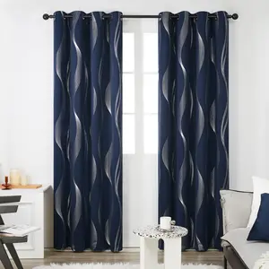 Blackout Curtains 2 panels, Deconovo Room Darkening Sliver Foil Print Wave Stripe Thermal Insulated Window Curtains for Living Room curtain