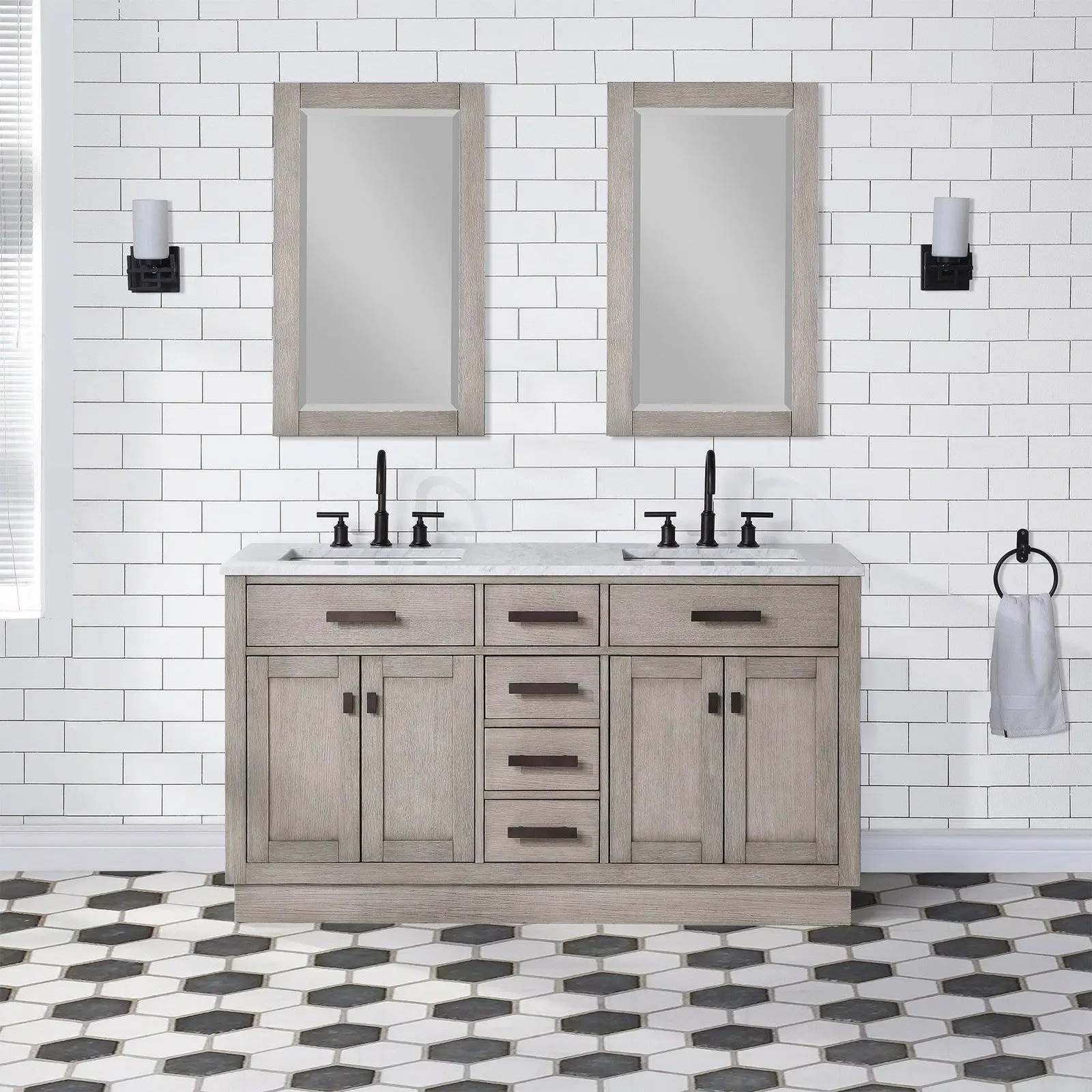 Water Creation Chestnut 60" Double Sink Carrara White Marble Countertop Vanity In Grey Oak with Gooseneck Faucets
