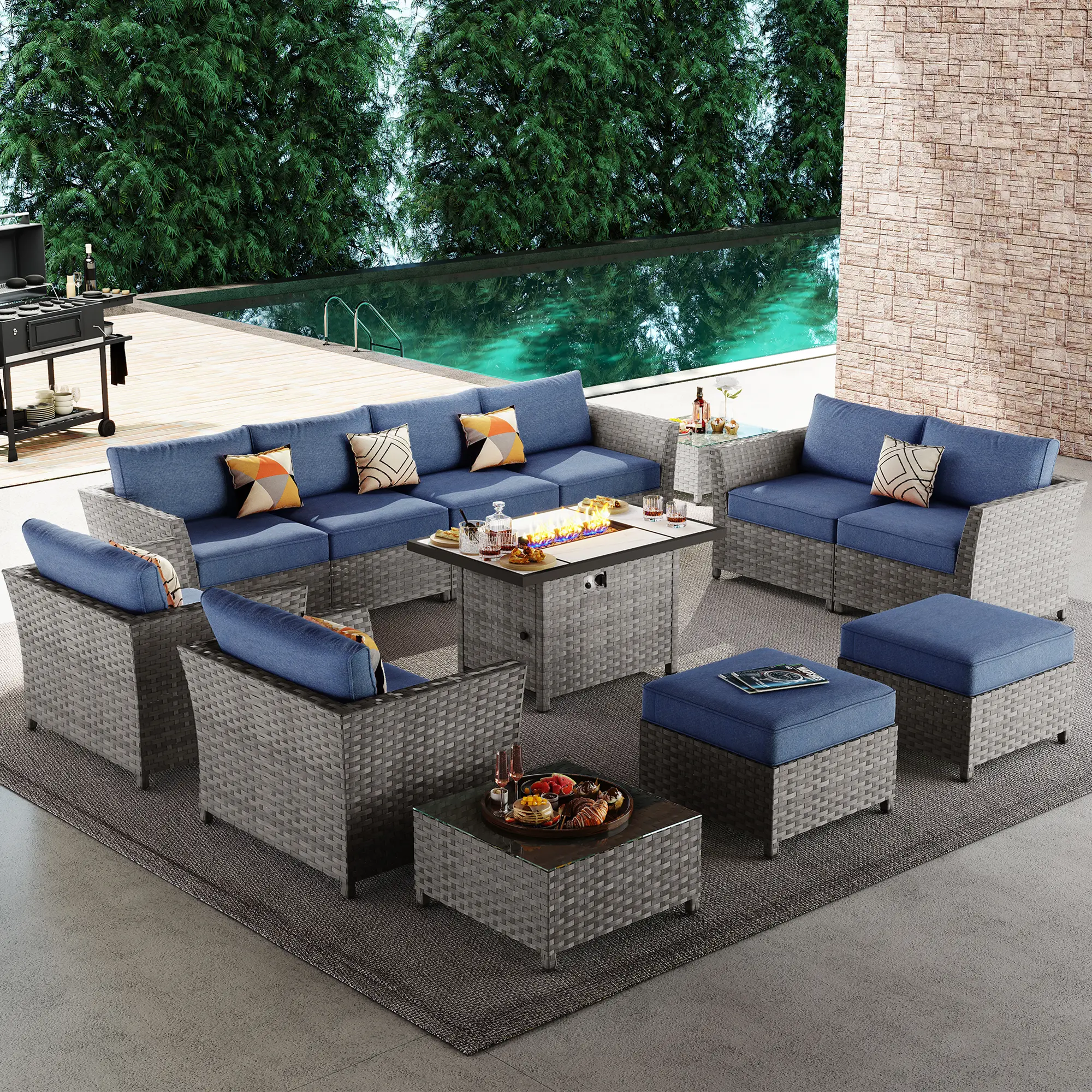 【Summerfinds】OVIOS Rimaru 13-Piece Outdoor Patio Furniture Set with 42" Rectangle Fire Pit Table, All-Weather PE Wicker Sectional Sofa Set with Cushions for Backyard, Patio, Porch, Deck & Garden