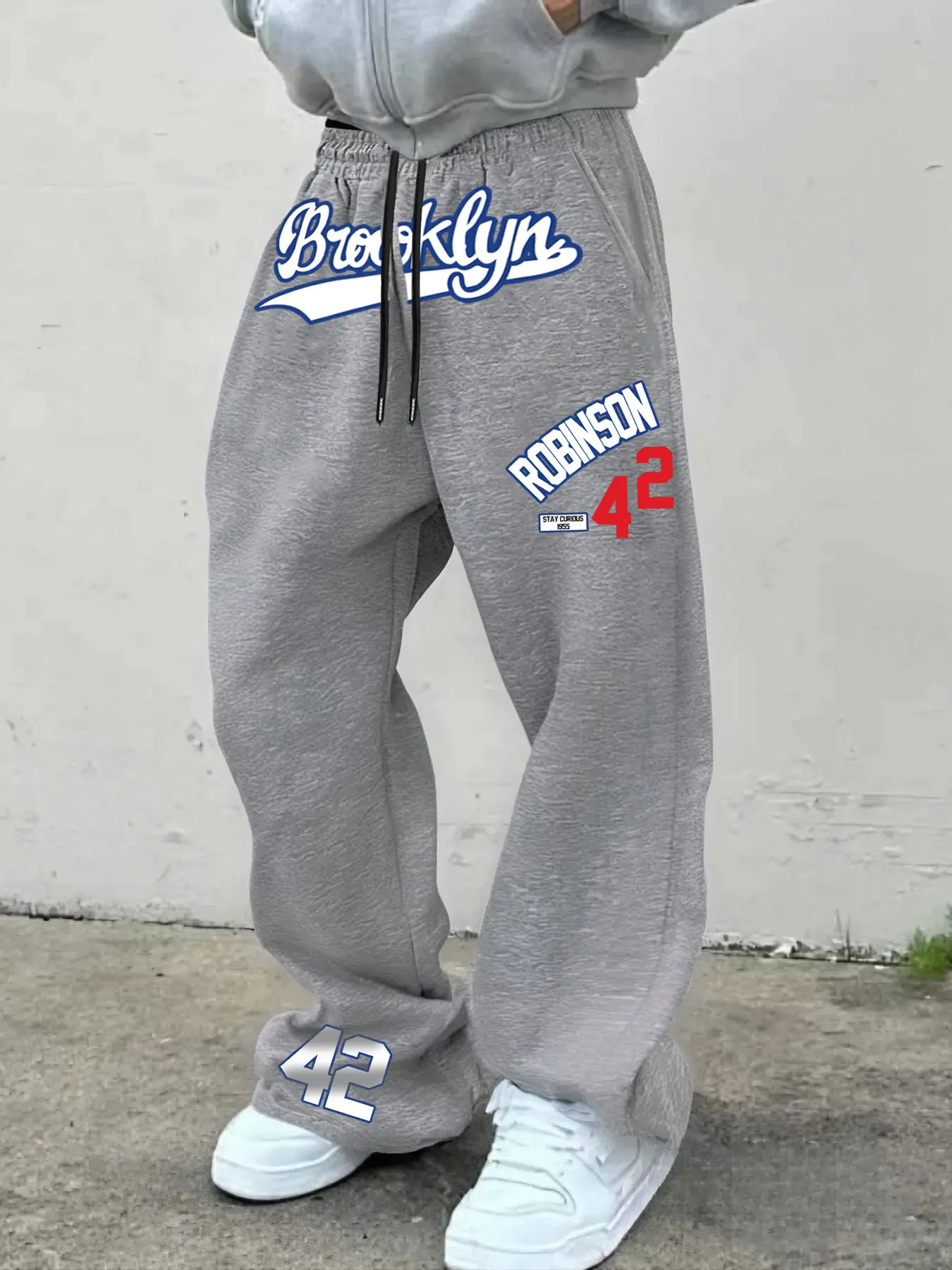 American Vintage Brooklyn Graphic Print Casual Pants, Unisex Loose Wide Leg Long Pants, Breathable Fabric, Street Style Drawstring Sweatpants, Athleisure Bottoms