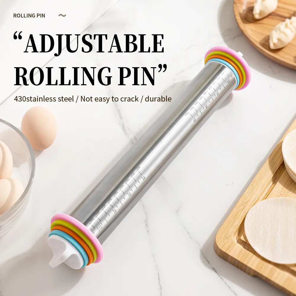 Adjustable Stainless Steel Rolling Pin with Thickness Ring, Non-Slip Sturdy Baking Tool, Baking Essentials, Bakeware for Pizza, Cookies, Pastries, Dough, 13.77 Inch