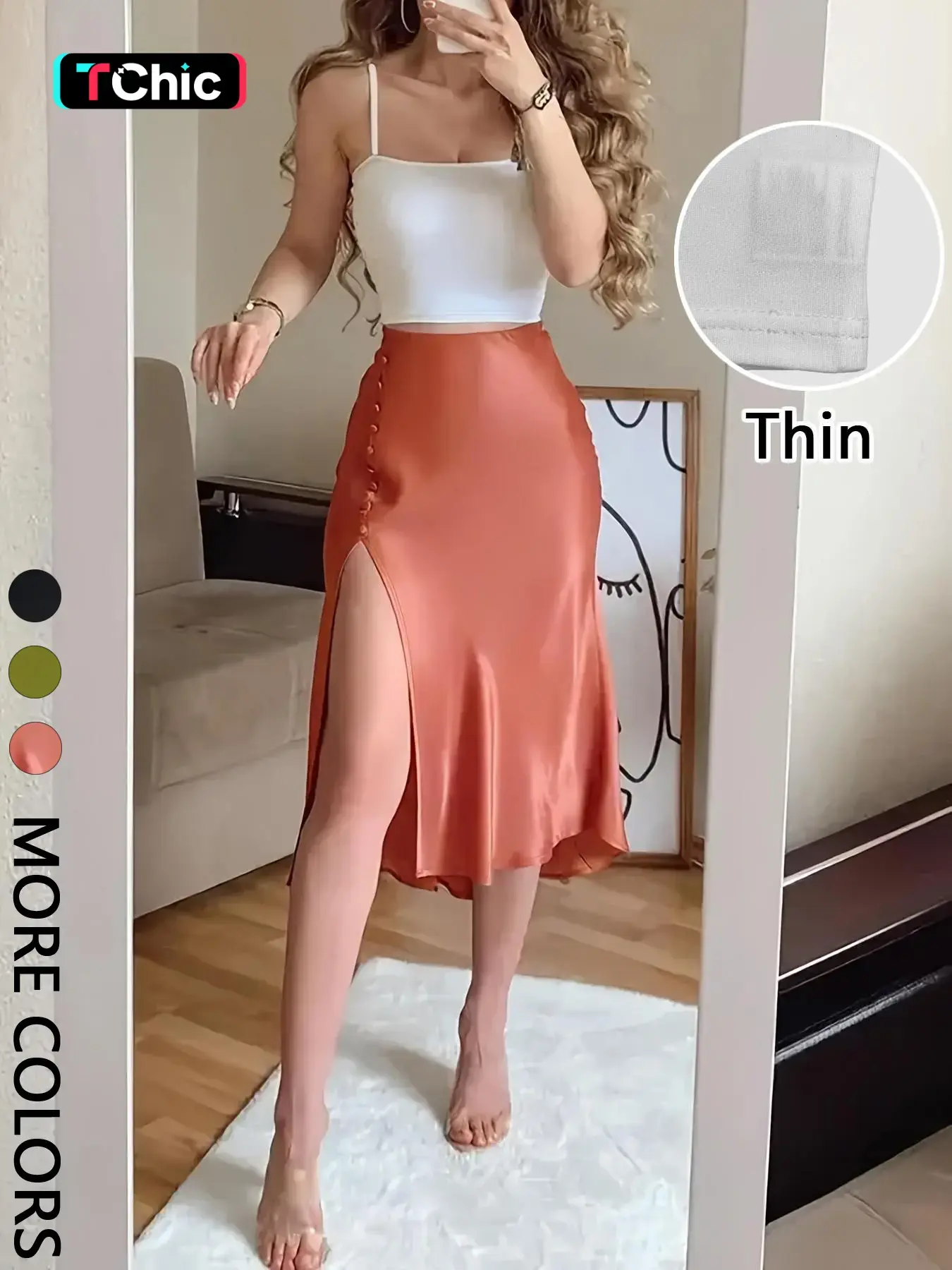 Women's Cami Top & Satin Midi Skirt Set, Cropped Spaghetti-Strap Tank, High-Waisted Side-Slit Skirt with Button Detail & Back Zip, Smooth Draped Fabric, Chic 2-Piece for Date Night & Party