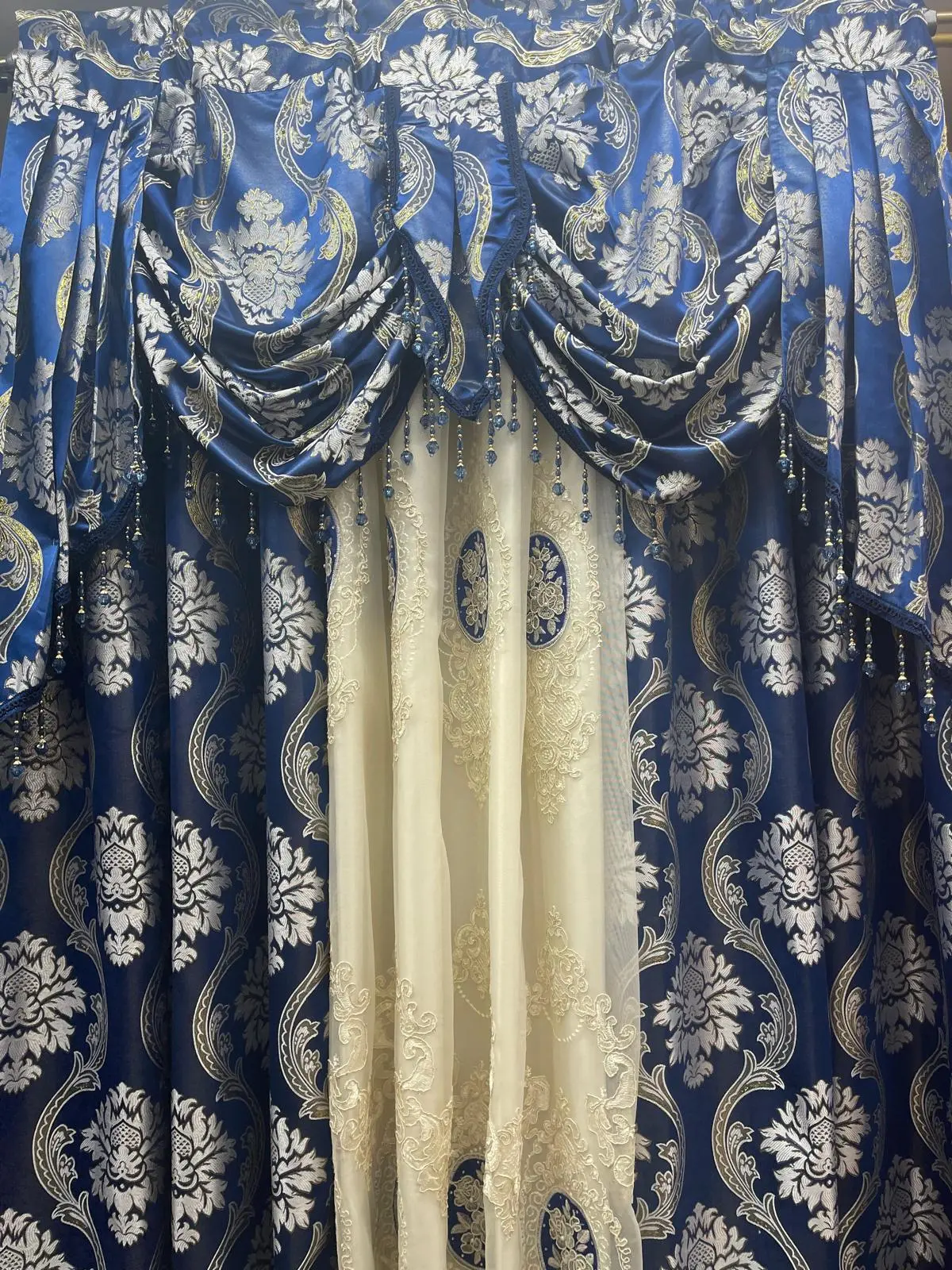 Luxury Mina Blue 5PC Curtain Set With Monalisa Embroidered Curtain
