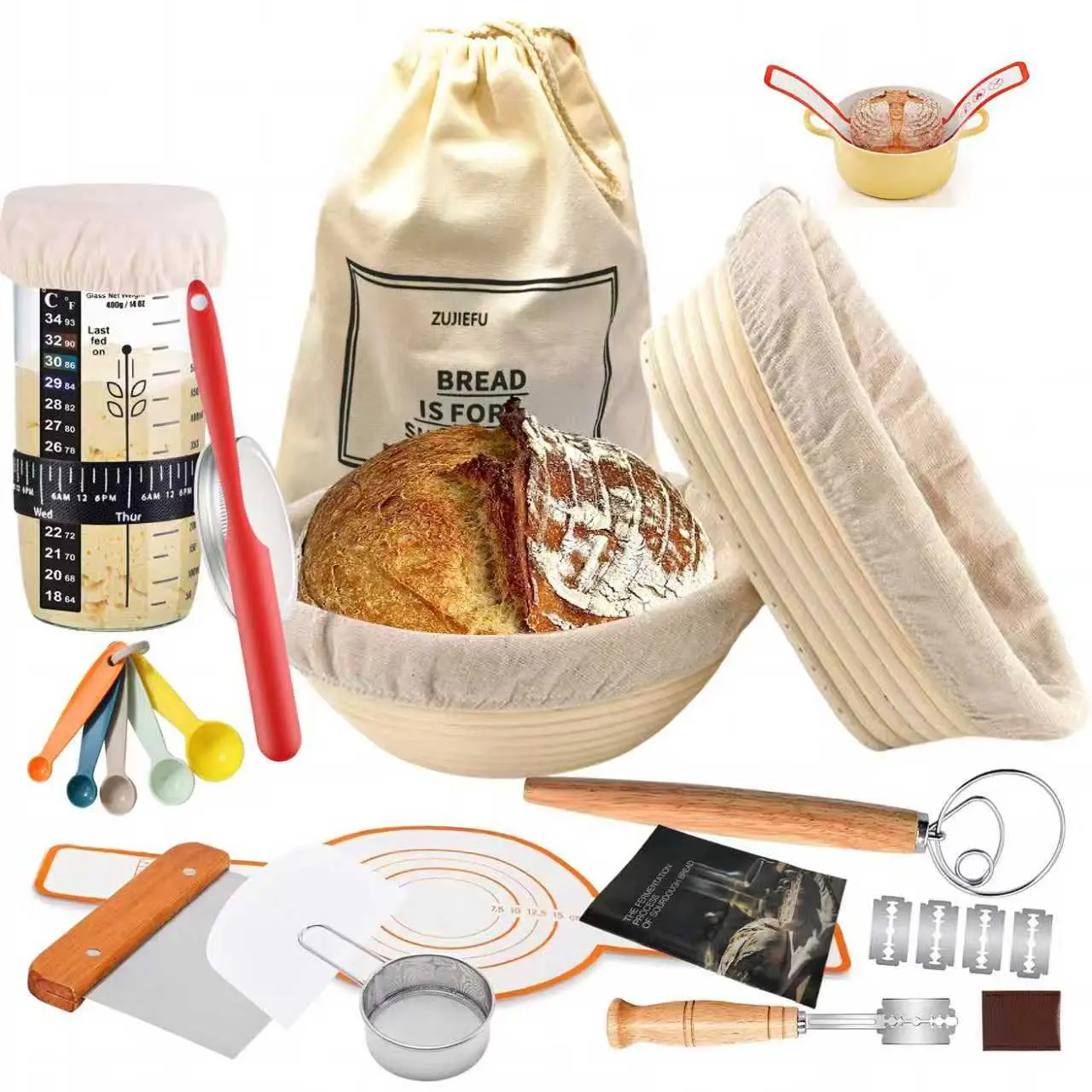 Handmade 2lb Natural Rattan Sourdough Starter Bakeware Kit - 9in Round Banneton, 10in Oval Banneton with Linen Liner, Washable Glass Jar, Silicone Mat & Utensils, for Adults' Bread Loaf, Shakeoff Cleanup, Father's Day Home Baker Gift