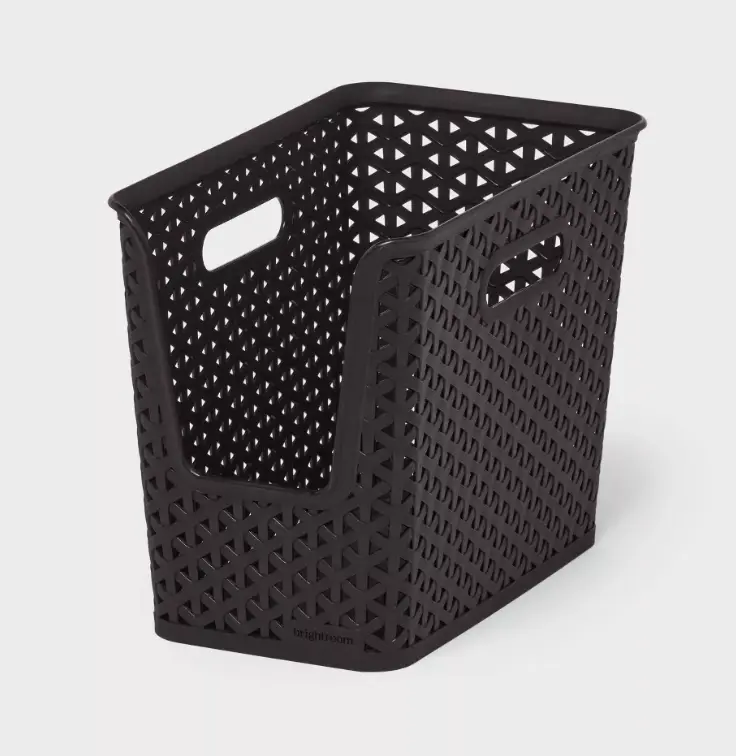 Narrow Decorative Storage Basket with Easy Access Handles, Translucent Plastic Storage Bin for Bathroom, Closet, Shelf & Pantry Organization, Small Space Space Organizer, Apartment Essentials