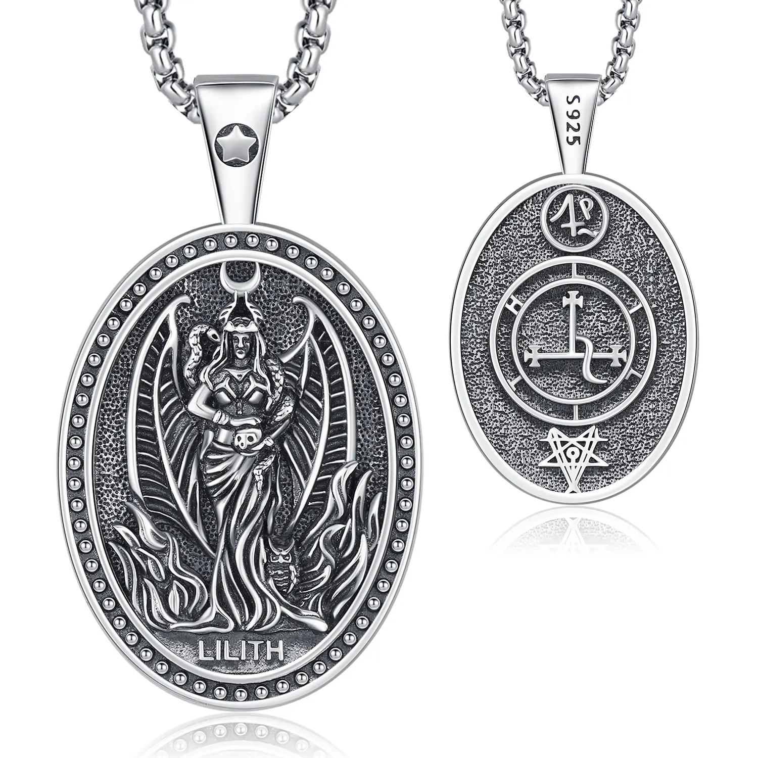 DRINSPER Women's S925 Sterling Silver Lilith Amulet Pendant Chain Necklace - Goddess Lilith Sigil, Witch Astrology, Casual Pagan Jewelry, Chain Necklaces, Retro, Female, Spiritual Jewelry, Daily, Stainless Steel, 22"+2" Box Chain