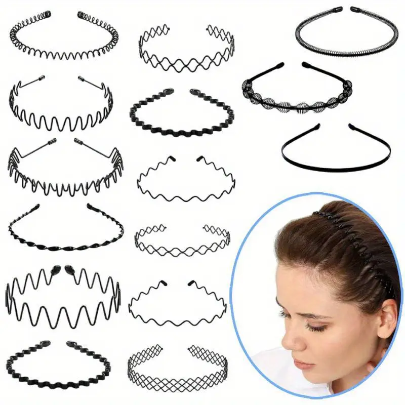 Women's Unisex Wear 15Pcs Metal Headbands - Spring-Shape Non-Slip Wavy Hoop Black Hair Bands for Slicked-Back Styles, Sports, Elastic Fashion Headbands, Fashion Headband