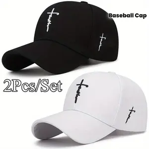 Stylish 2-Piece Baseball Cap Set – Black and White Cross Embroidered Adjustable Caps for Men and Women, Breathable Acrylic Duckbill Design for Outdoor Sports, Casual Streetwear, and Daily Wear denim Flatbill premium patch trendy fit hats embroider knit Sp