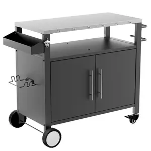 Sturdy 2-Door Stainless Steel Top Outdoor Grill Cart with Lockable Wheels, Storage Cabinet, Hooks, Spice Shelf, Compartment, Organiser, Outdoor Kitchen Prep Station for Patio, Backyard, Easy Installation, Black Silver Rolling Movable Home Organizer