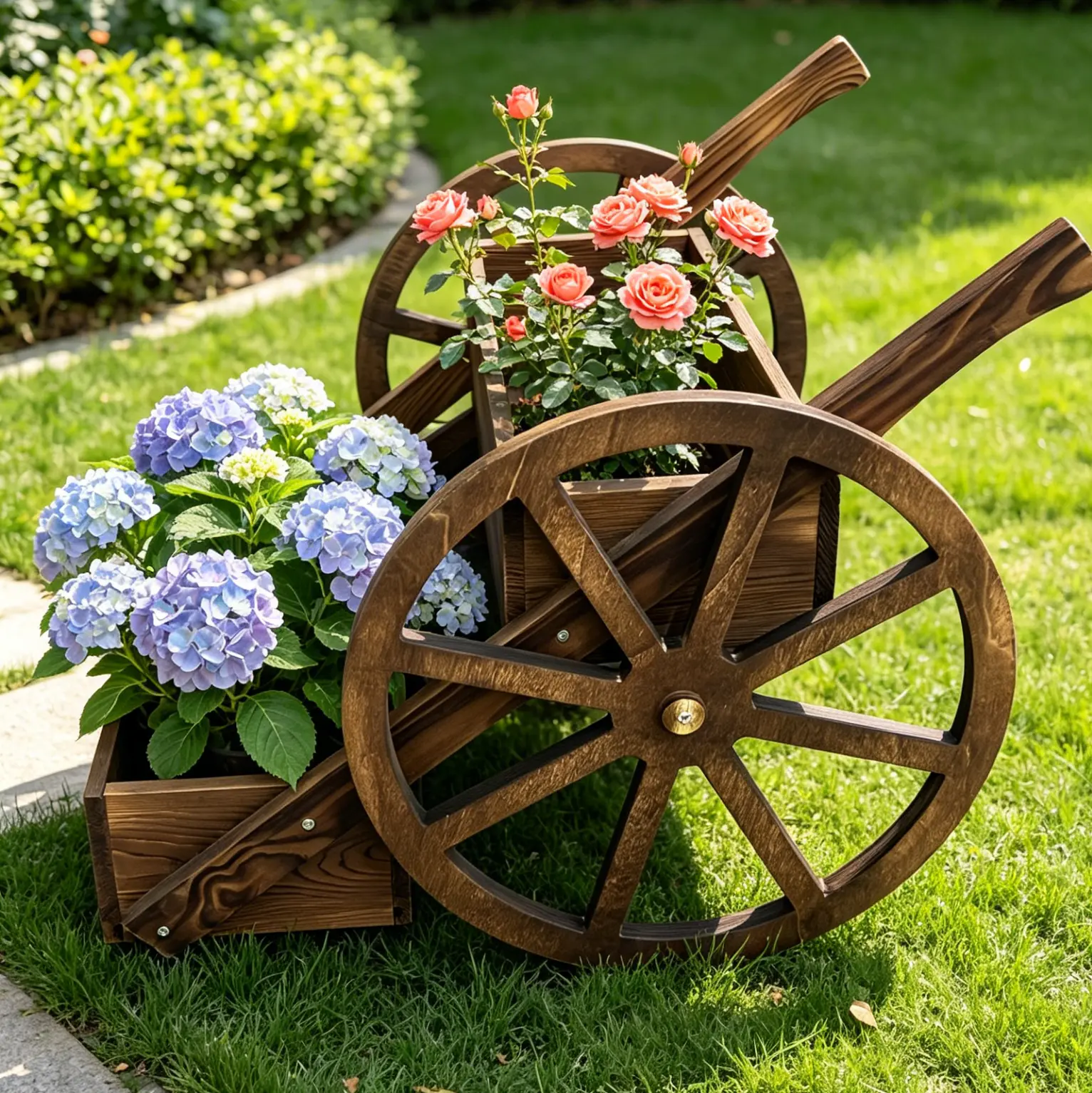 Wooden Wagon Planter Box, Garden Planter with Wheels,Decorative Planter for Flowers Herbs Vegetables for Indoor & Outdoor Décor, Flower Cart for Patio Garden Balcony
