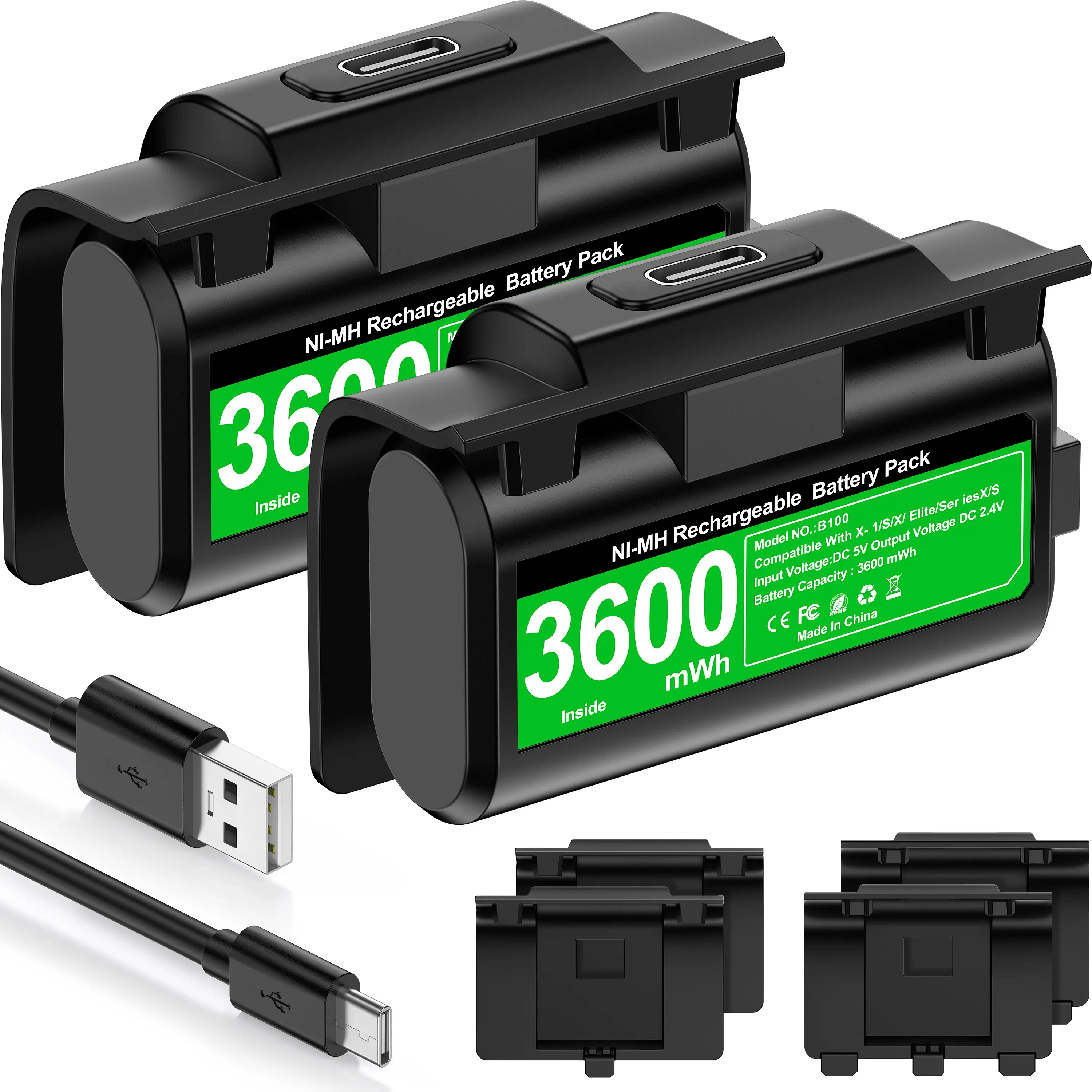 Rechargeable Batteries Xbox Controller Battery Pack with 4 Back Covers and a USB C Charging Cable, 2x3600mWh Xbox One Controller Battery Play and Charger kit for Xbox Series X/S Remote Controller