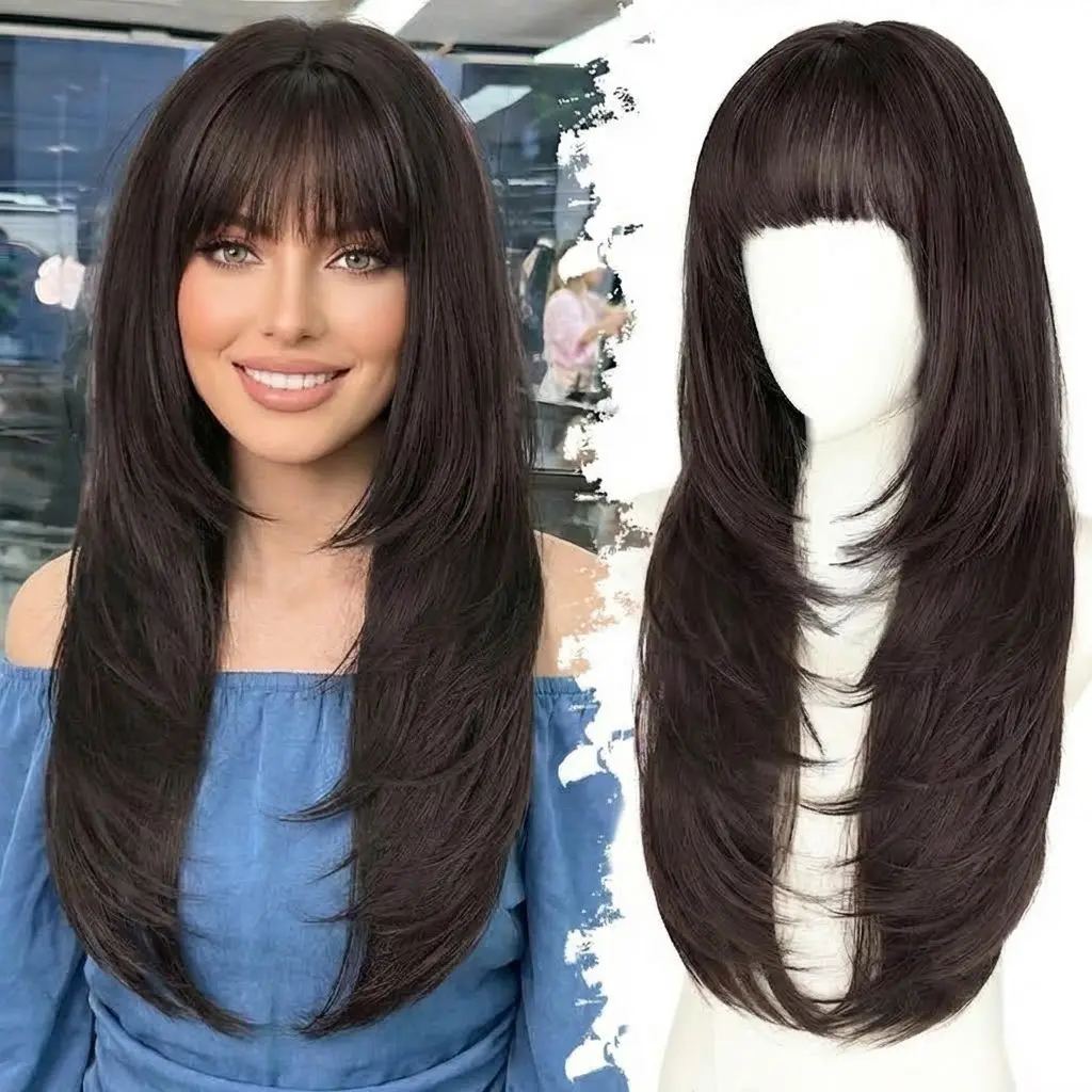 26 Inch Long Dark Brown Wig with Bangs for Women 【Realistic Scalp】【Free Parting】【Layered Hairstyle】 Synthetic Heat Resistant | Suitable for Daily and Party Wear