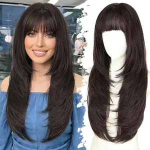 26 Inch Long Dark Brown Wig with Bangs for Women 【Realistic Scalp】【Free Parting】【Layered Hairstyle】 Synthetic Heat Resistant | Suitable for Daily and Party Wear