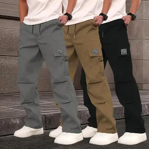 3PCS men’s casual solid-color athletic pants — casual cargo pants with multiple flap pockets, a drawstring waist, polyester fabric, outdoor work pants, running pants with pockets — 100% polyester, non-stretch solid color, regular fit suitable for all seas